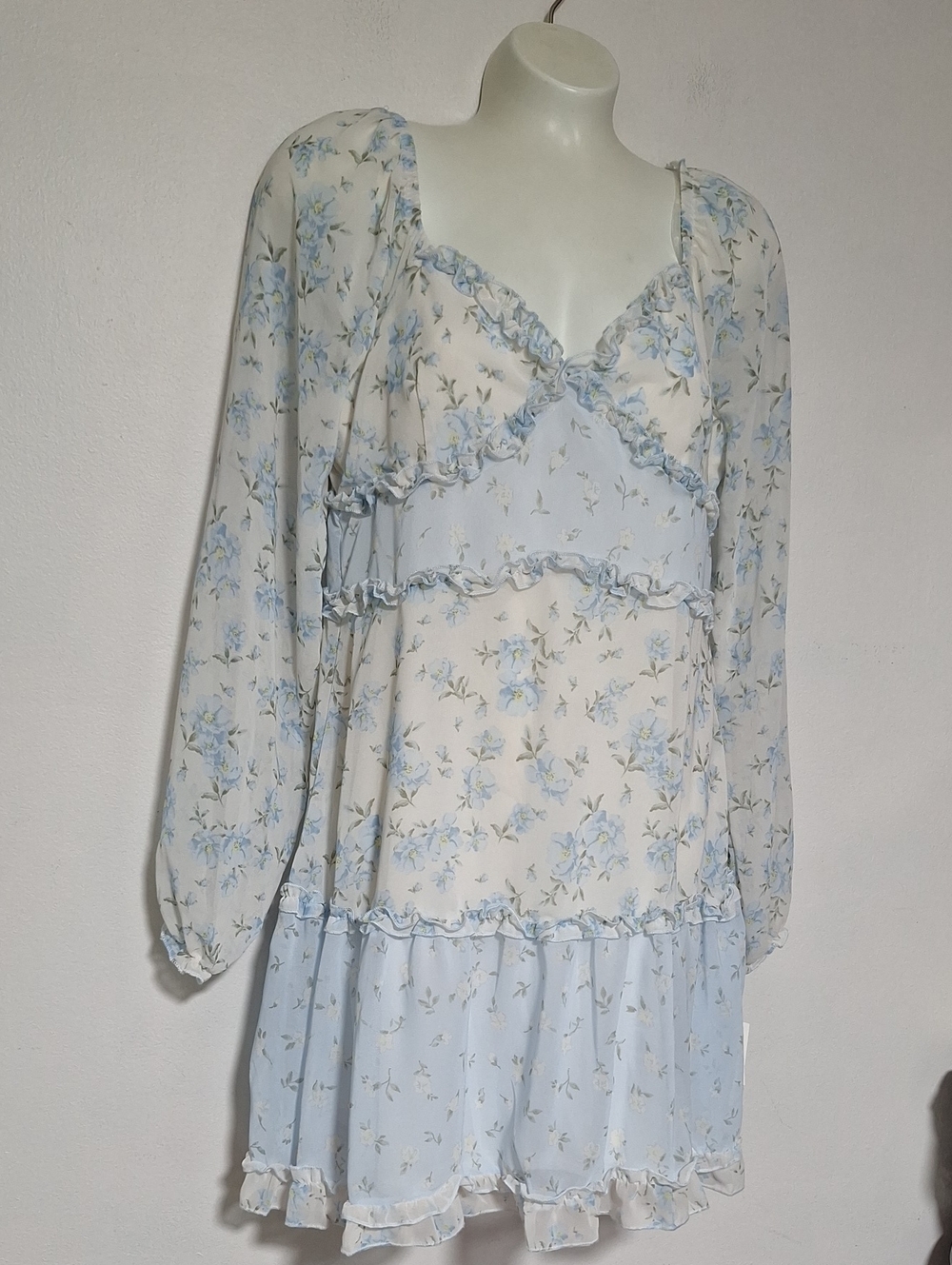 Ultra Flirt Light Blue Floral Ruffled Long Sleeve Lightweight Dress - Picture 3 of 8